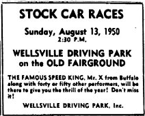 Aug 7 1950 Hornell Evening Trib-WLSV StockCar Above Advertisement from Hornell Tribune, August 7, 1950, one of the earliest ads for the track..... Thank you Mary Rhodes for obtaining the clip.