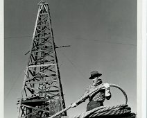 EdBartlett_BW About 1940 Eastman Kodak contracted with Ed Bartlett of Allentown to dress in their choice of clothes and pose in this picture showing the Oil Derrick in...