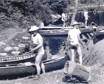 Canoe08 Unloading canoes. Nearest camera:(L->R) Jim Moreland, and Jim (?) Walsh; in background: (?) and Gene Swarthout