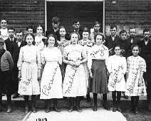 21-Allentown Class-1912 (21) Class of 1912-Allentown Teacher, Mrs. Stafford. Dorothy Boyd (dau Charles & May), Blanche Fitch, then 12. Posed in front of school. Donald R. Adams in...