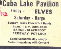 Cuba Lake Pavilion Band Cuba Lake Pavilion Adv. for Band Concert-from Wellsville Daily Reporter 6/29/1972. "Barge" was Scott Boring's group, fore-runner of "Zoar" Band. Clipping from...
